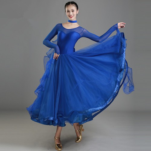 Black red royal blue long sleeves satin ribbon big skirted women's flamenco tango waltz ballroom dancing long dresses